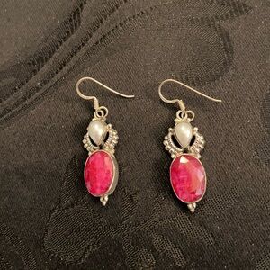 Artisan Pearl And Raw Natural Ruby Sterling Silver Dangle Earrings